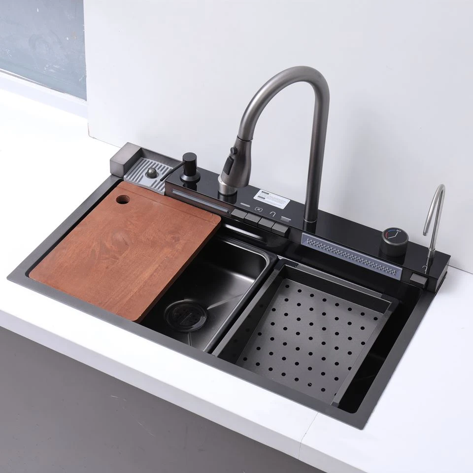 Feito à mão display led piano chave nano preto pia da cozinha tigela dupla undermount copo arruela de aço inoxidável artesanal cachoeira