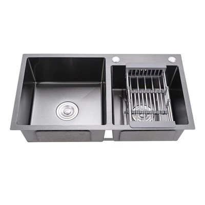 Pia de cozinha com calha dupla-em aço inoxidável Nano Black